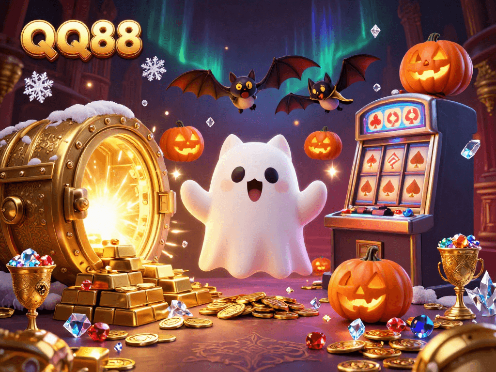 QQ88 casino adventure featuring ghost cat and vampire bat in a haunted setting.