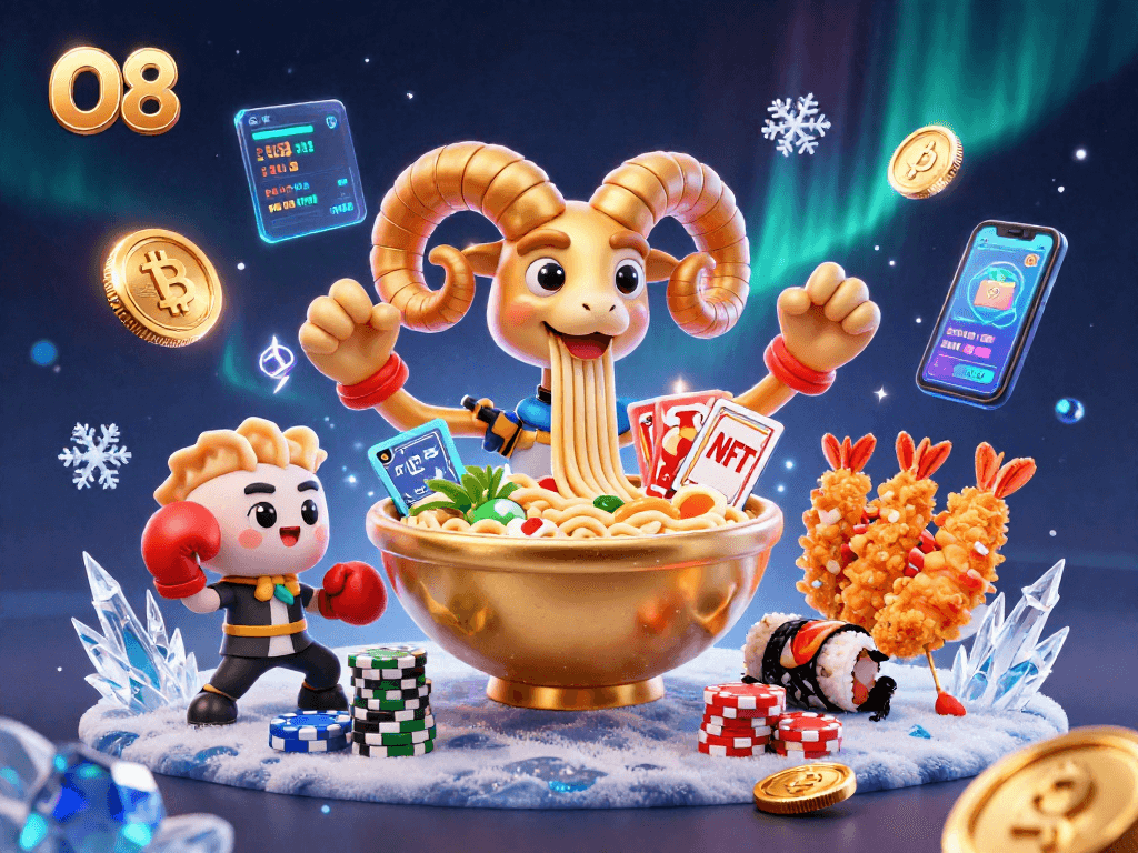 Experience exciting gameplay with O8 as the golden ramen bowl character deals cards amid crypto coins and neon effects.