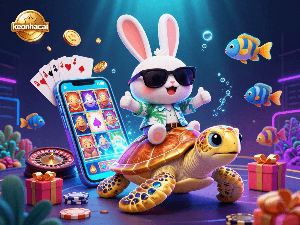 Experience thrilling gaming moments with keonhacai in this vibrant 3D casino illustration.