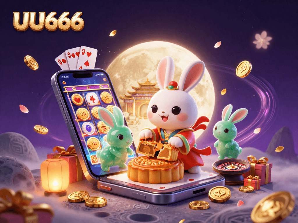 UU666 casino scene depicting a moon rabbit and jade companion surrounded by gaming elements.