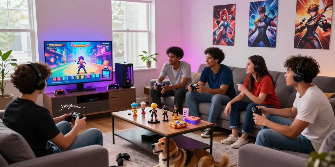Gaming community enjoying gacha168 multiplayer in a lively, cozy living room.