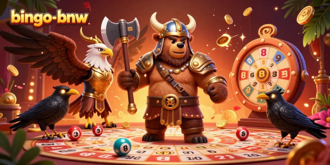 Play bingo-bnw with exciting 3D Viking characters and bingo elements in a vibrant hall.