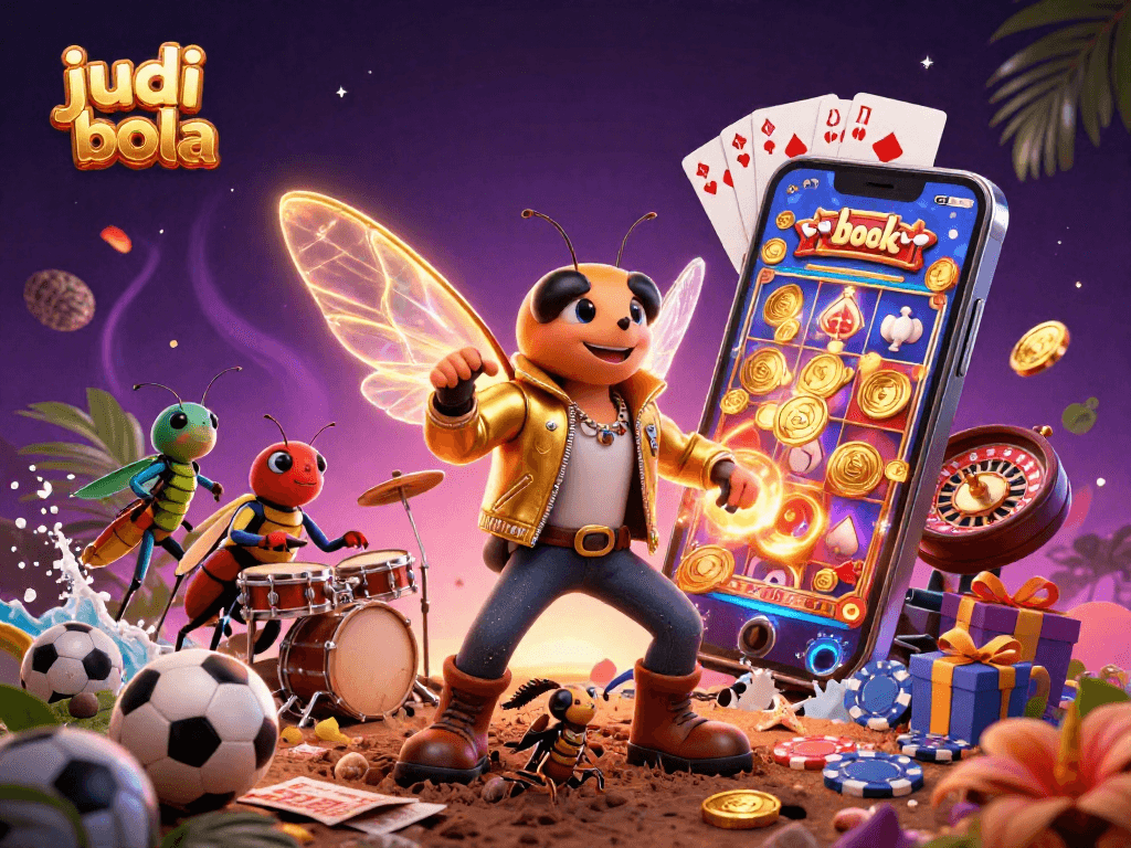 Engage in judi bola action with a vivid scene of a rock star and vibrant gaming elements.