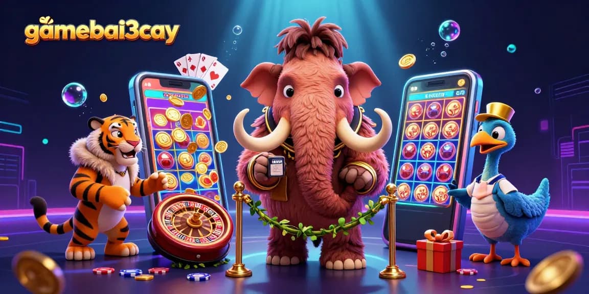 Engage with exciting slot games at gamebai3cay featured in a vibrant casino scene illustration.