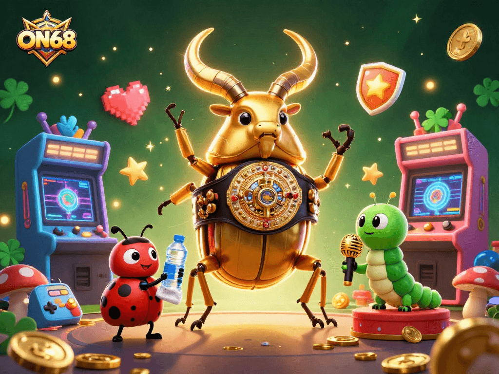 ON68 showcases a vibrant betting scene featuring a golden stag beetle boxing champion.