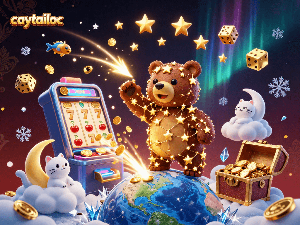 Caytailoc showcases a magical slot machine scene bursting with jackpot coins, inviting players to win big.