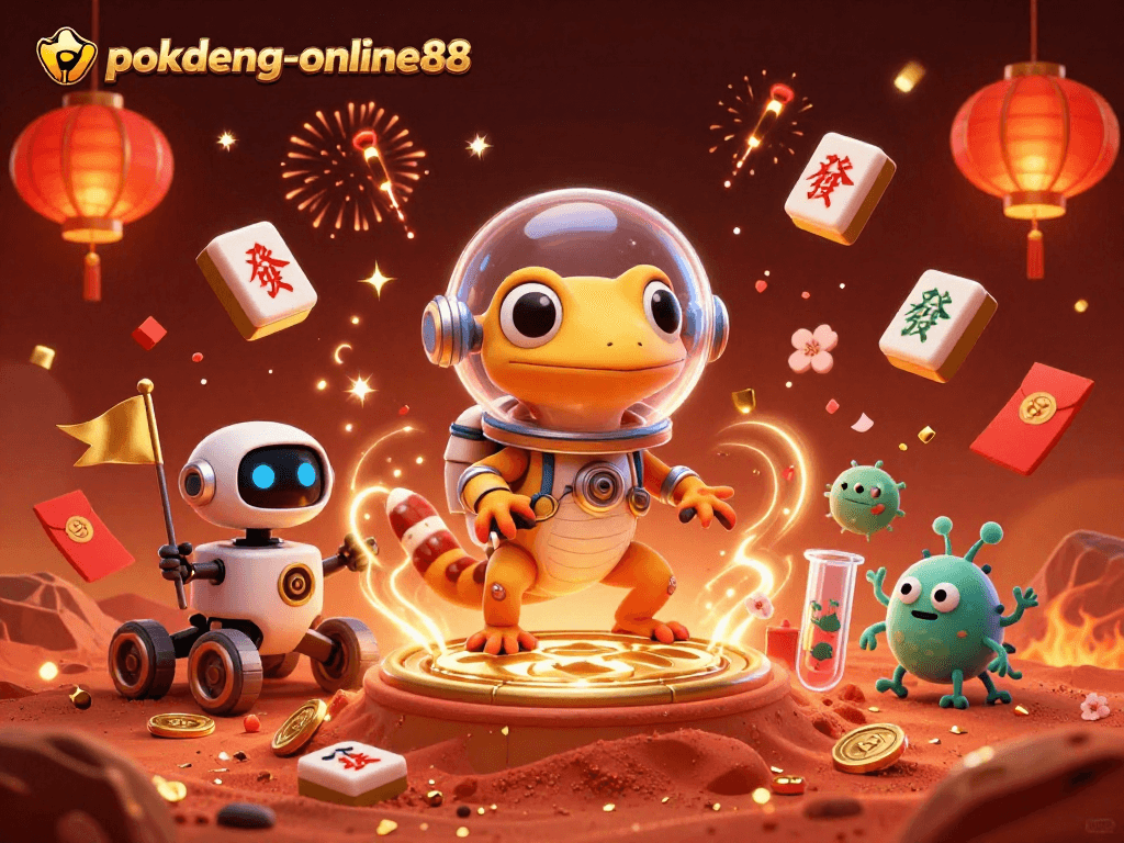 Engage in thrilling gameplay at pokdeng-online88 with a vibrant casino setting featuring cartoon characters and festive decorations.