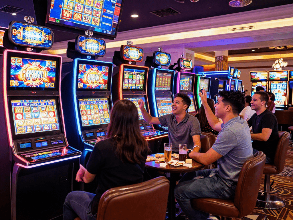 Pengalaman bermain slot7000 di kasino, teman-teman bersenang-senang dengan mesin slot.