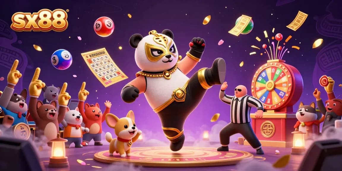 SX88 engaging casino scene with a panda wrestler in action and colorful gaming elements.