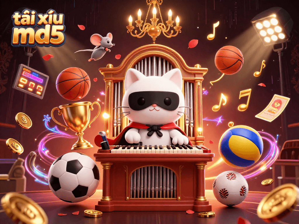 Experience the thrill of tài xỉu md5 with a vibrant casino scene featuring acrobatic characters and dynamic sports elements.