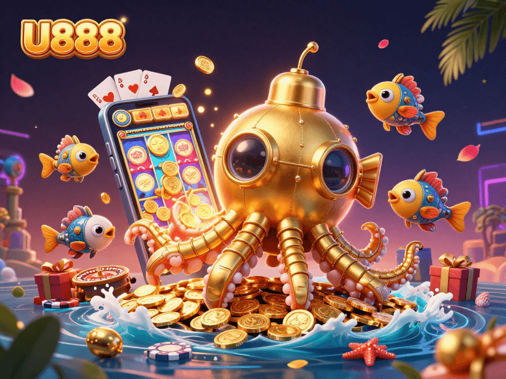 U888 offers an immersive gaming experience with a vibrant scene of colorful slots and golden coins.