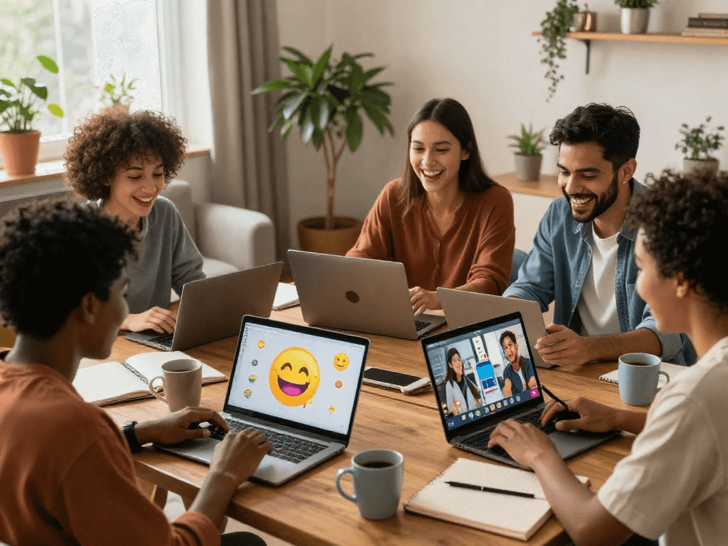 Spicy chat scene with friends enjoying lively online conversations in a cozy setting.