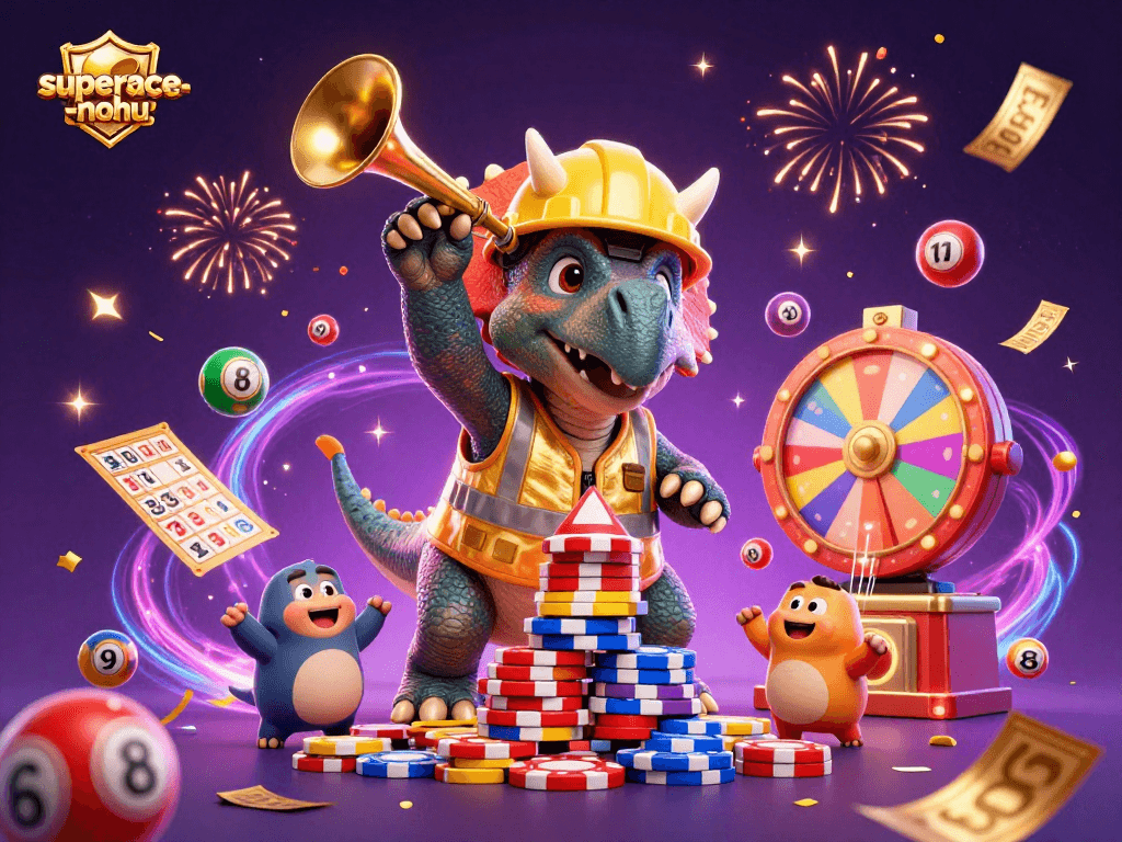 Experience the excitement of superace-nohu with a lively cartoon casino scene featuring vivid characters and colorful game elements.