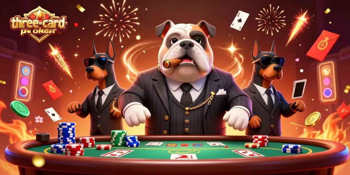 Experience three-card-poker excitement with a 3D cartoon mafia boss and Doberman bodyguards in a vibrant casino.