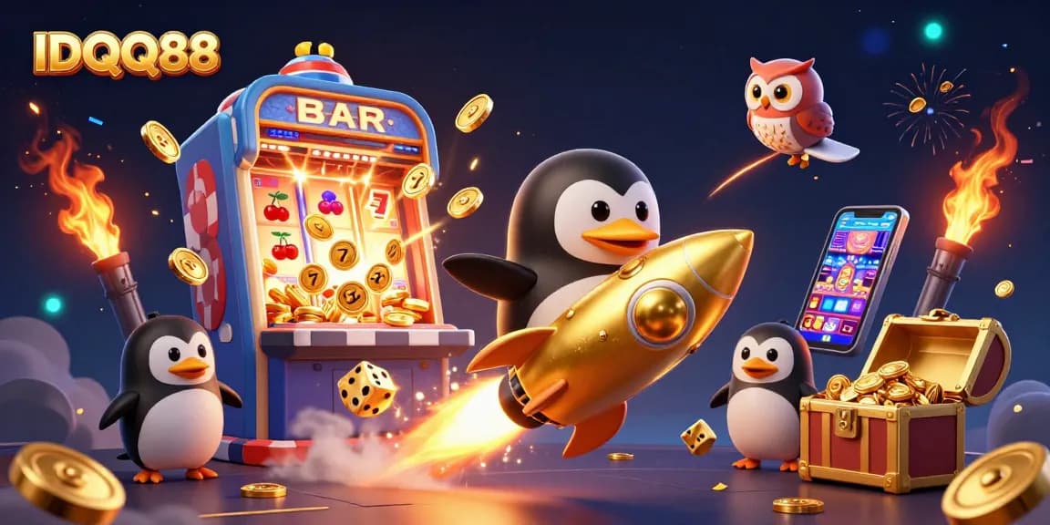 IDQQ88 captivating 3D illustration showcasing a golden penguin soaring towards a casino space station with dynamic gaming elements.