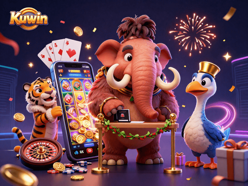 Kuwin casino bouncer checks IDs as a saber-tooth tiger VIP guest arrives, showcasing vibrant slot game action.