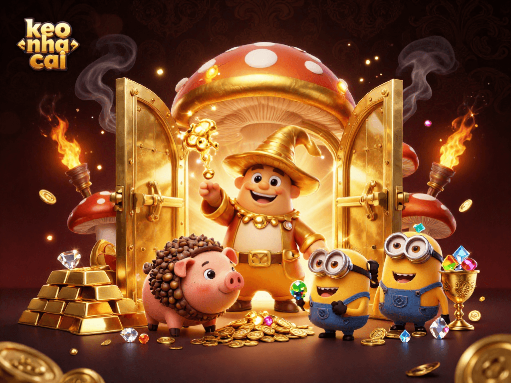 Bet on keo nha cai with a magical scene of treasure and fortune involving characters and gems.