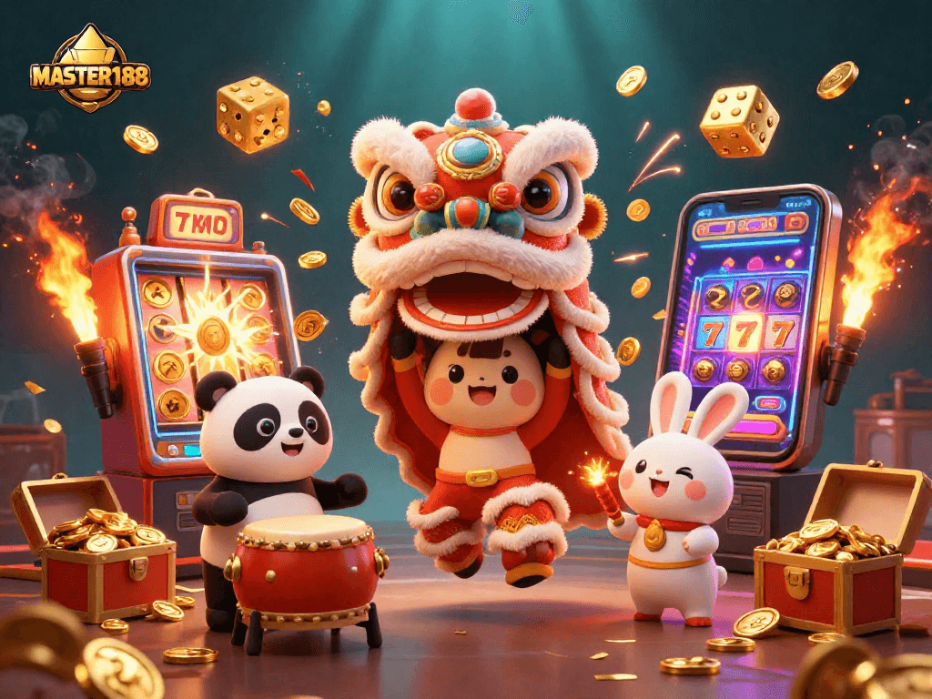 Experience exciting wins with MASTER188's vibrant casino illustration featuring slot machines, fun characters, and gold coins.
