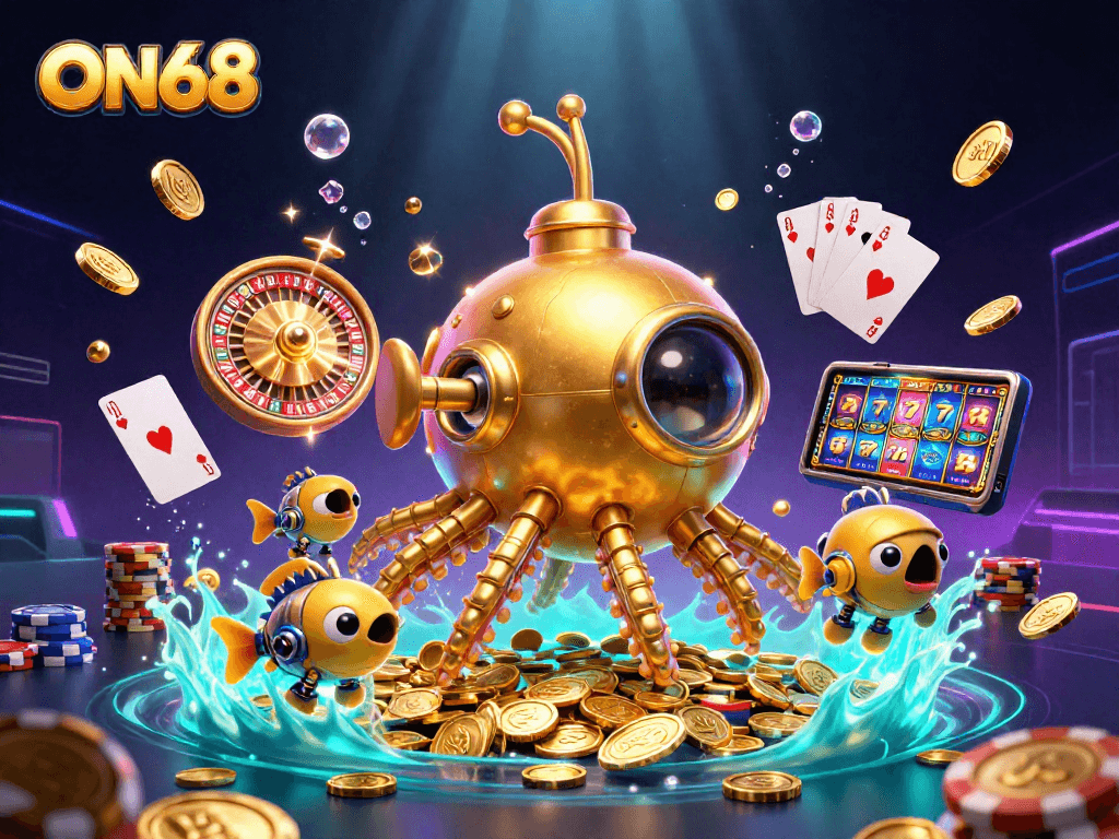 Experience thrilling gameplay at ON68 with a golden kraken submarine in a vibrant casino scene.