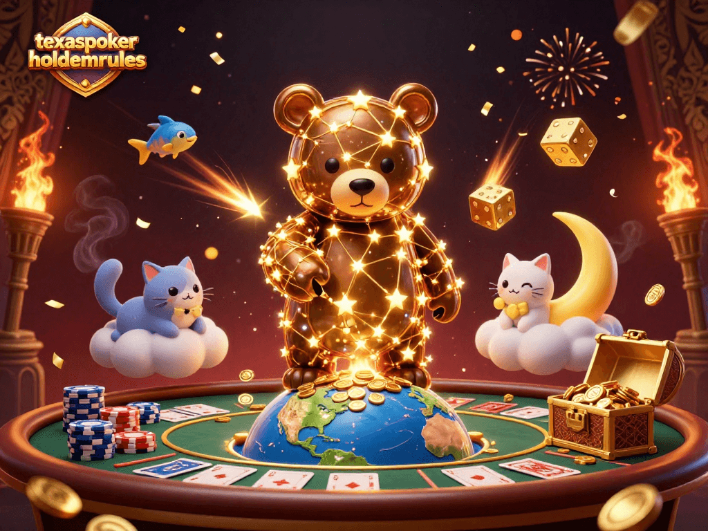Engage with texaspokerholdemrules as a constellation bear scoops up casino coins while friends celebrate in a dynamic poker scene.