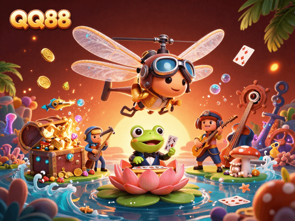Engage with the QQ88 fantasy gaming experience featuring a dragonfly pilot and frog dealer in a vibrant casino setting.
