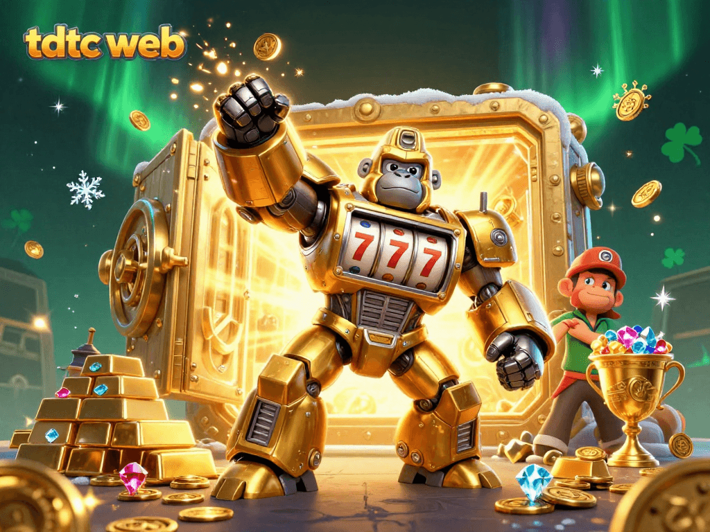 Engage with thrilling action at tdtc web featuring a golden gorilla mech amidst dazzling casino treasures.