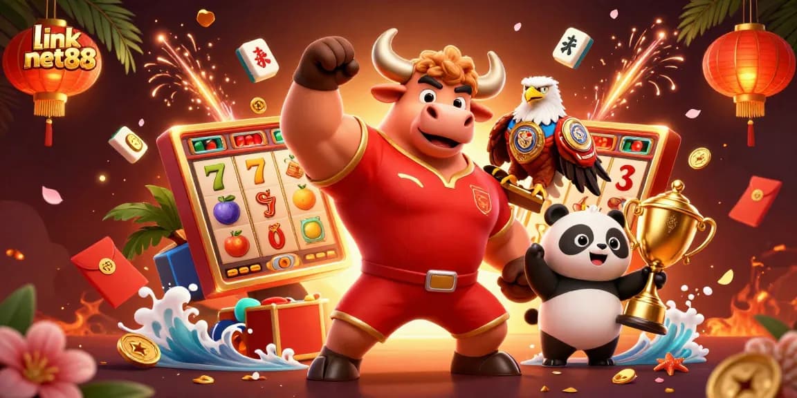 Play big wins at link net88 with a festive casino celebration featuring vibrant characters and symbols.