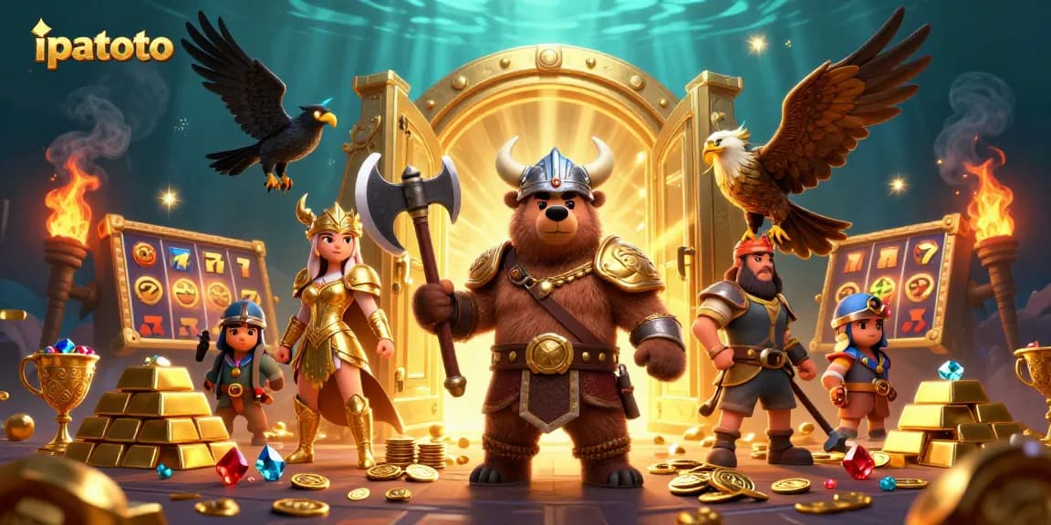 Experience thrilling ipatoto gaming with a Viking bear and Valkyrie amidst treasures.