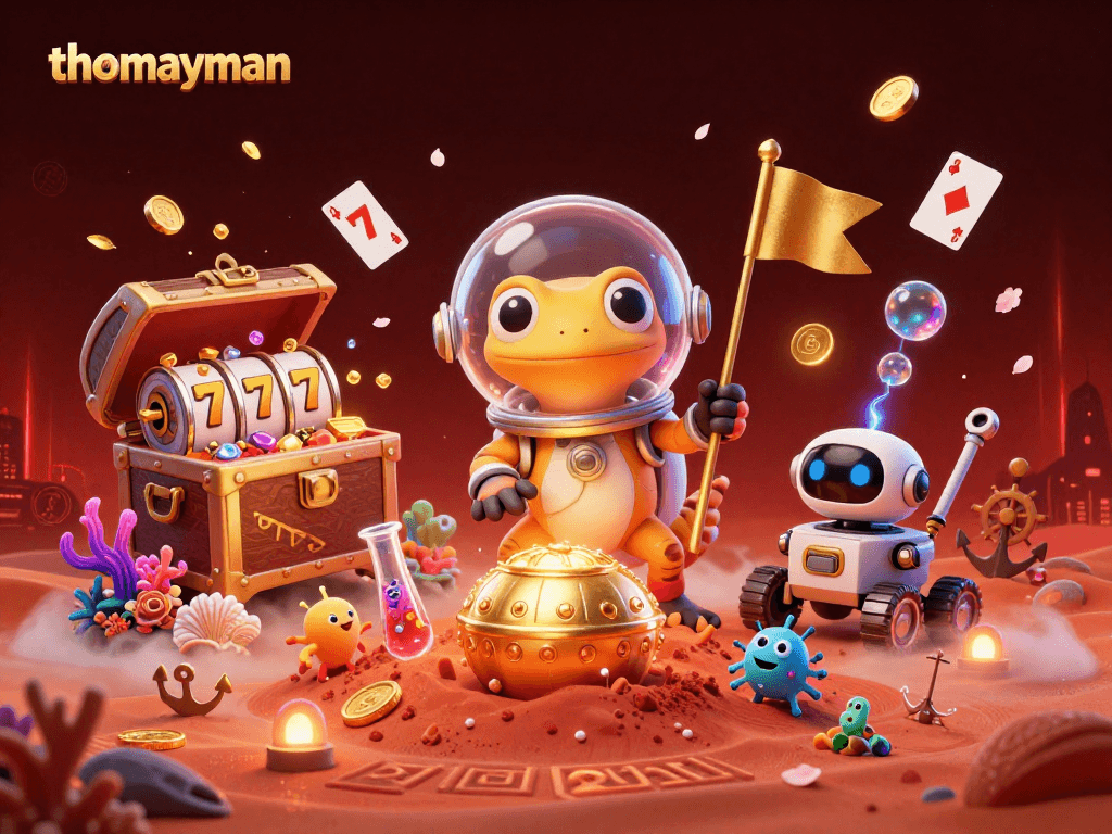 Experience the thrilling action at thomayman, showcasing a vibrant casino scene with a Martian gecko and dynamic game elements.