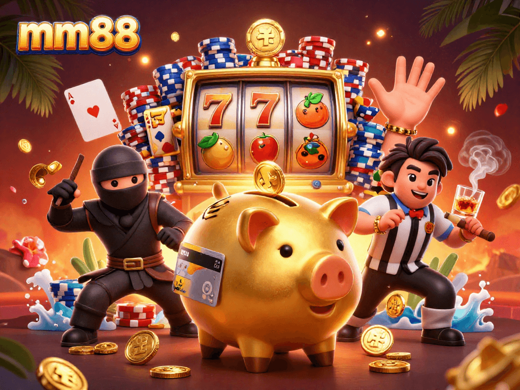 Experience the excitement of mm88 with vibrant gaming characters and thrilling slots in this engaging 3D illustration.