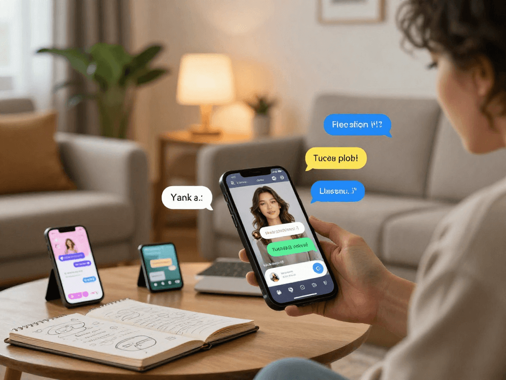 User interacting with AI chat porn interface on smartphone in a cozy living room setting, showcasing an engaging virtual experience.