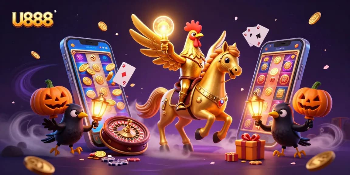 Experience U888's dynamic casino excitement with a golden rooster and playful crow companions.