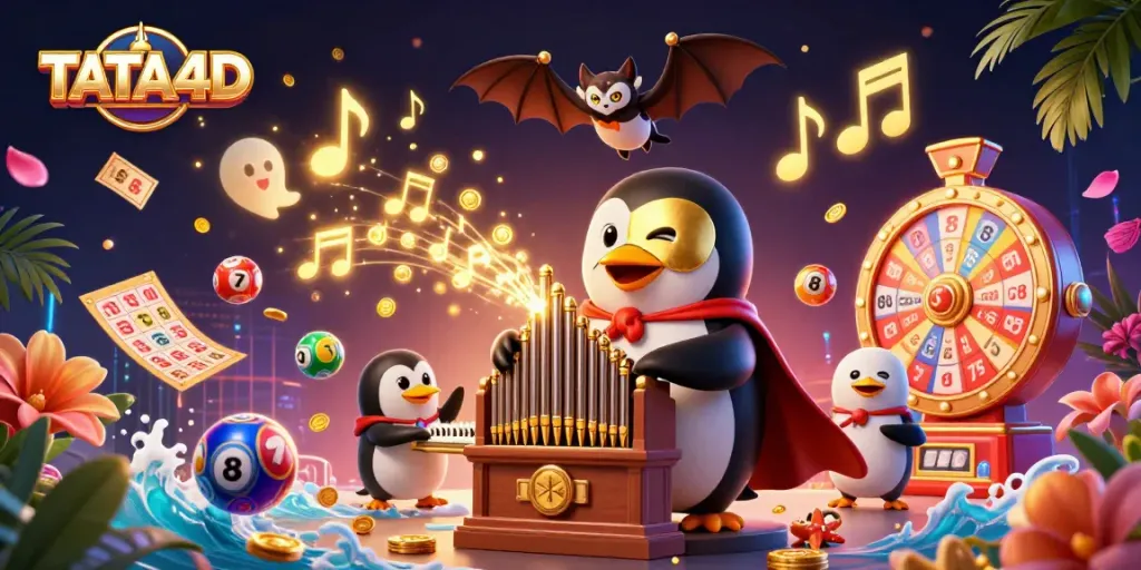 TATA4D showcases a vibrant 3D scene featuring a penguin playing an organ with coins, enhancing your gaming excitement.
