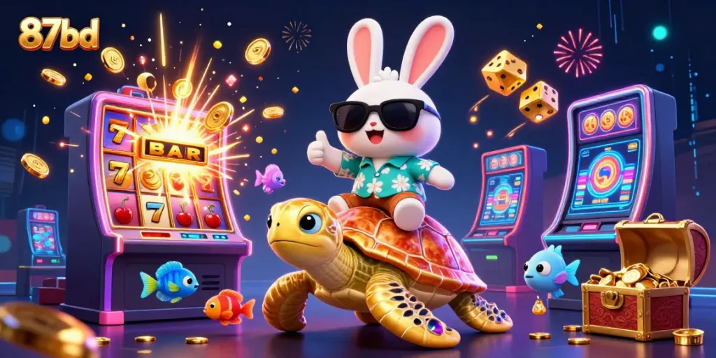 Experience thrilling gaming at 87bd with colorful animations featuring the lucky rabbit and golden turtle.