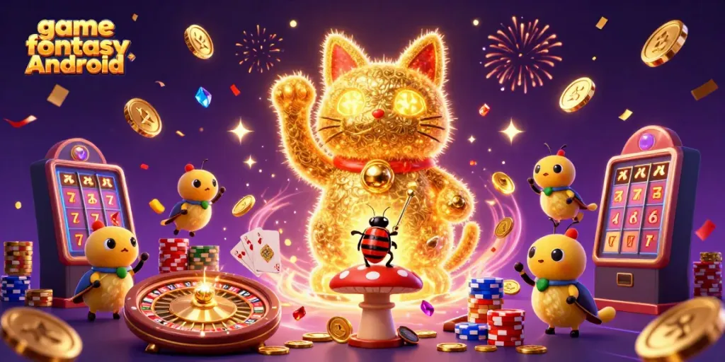 Permainan fantasi Android memadukan simbol kasino yang memukau pada ilustrasi digital 3D.