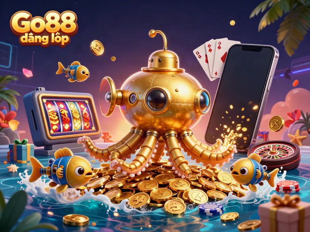 Engage with Go88 đăng nhập in a vibrant casino scene featuring a golden kraken submarine amidst golden coins and dynamic game elements.