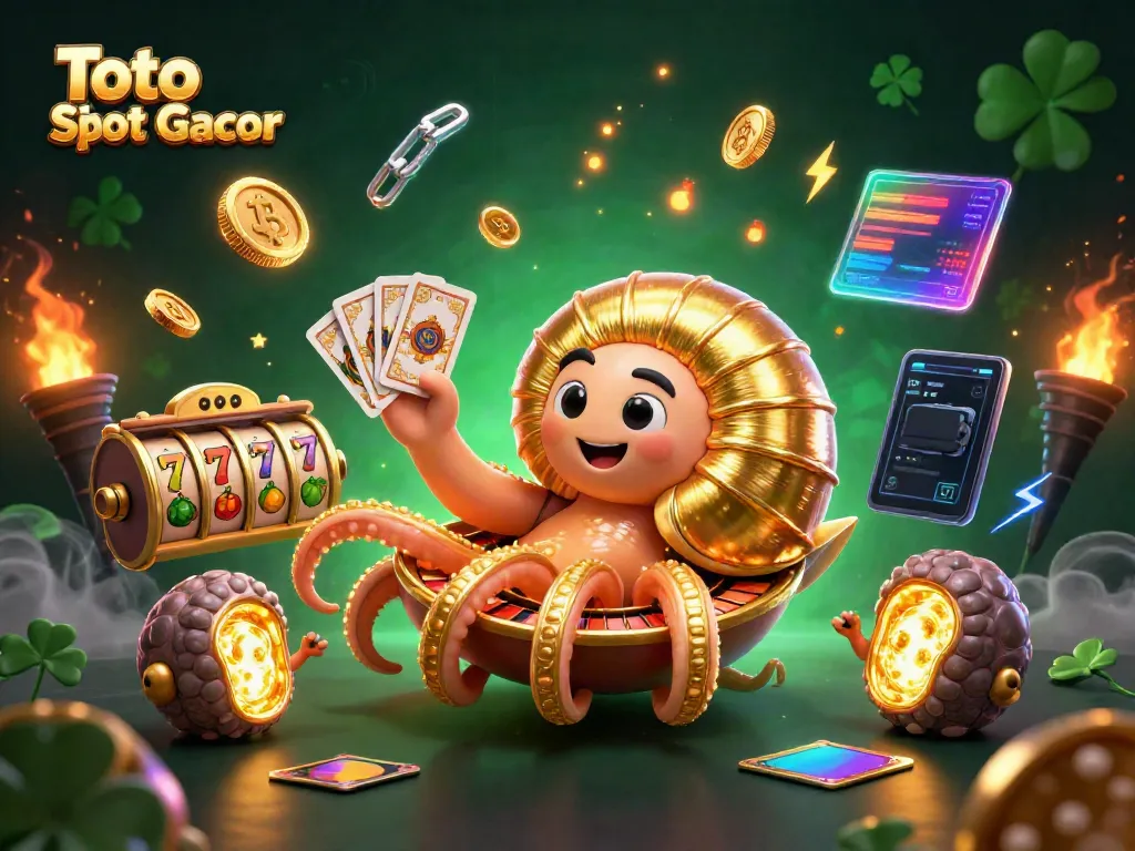 Gambarlah Toto Slot Gacor yang memukau dengan nautilus berlapis emas dan elemen kasino lainnya.