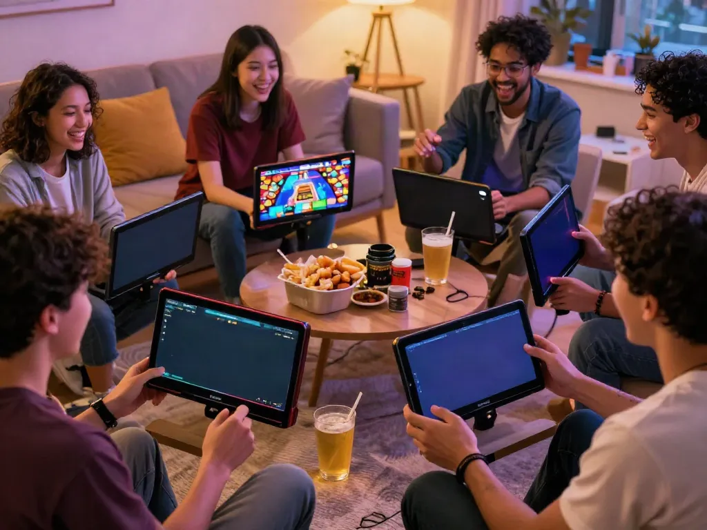 Gamer enjoying Yono Arcade with friends in a lively living room.