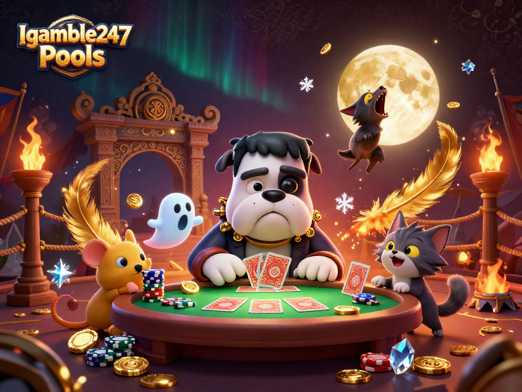 Igamble247 Pools showcases a vibrant scene of a bulldog monster dealing cards surrounded by chips and gold coins.