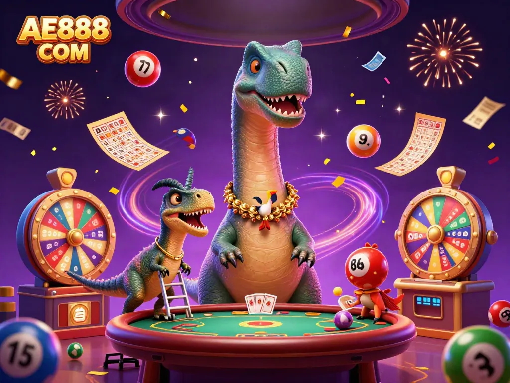 Experience the thrill of AE888 COM with an epic casino scene featuring dinosaurs and dynamic game elements.