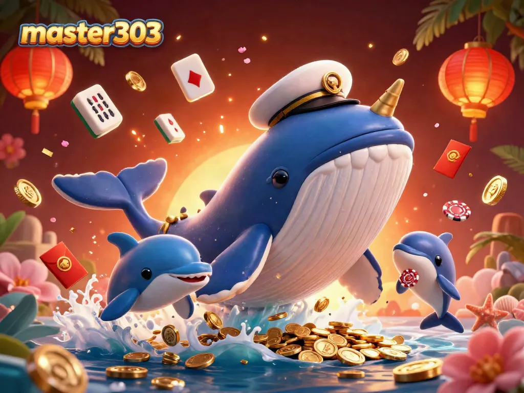 master303 hadir dalam ilustrasi 3D penuh warna dengan paus raksasa dan permainan kartu, meriahkan pengalaman judi