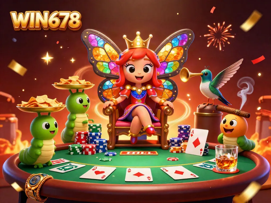 Engage with the vibrant WIN678 casino scene featuring a butterfly queen, poker-themed elements, and festive effects.