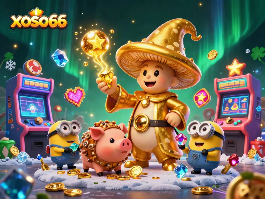 Experience the magic of xoso66 in an enchanting 3D casino scene filled with treasures.