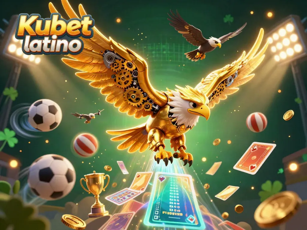 Experience thrilling moments at Kubet latino with a breathtaking 3D scene of a cybernetic eagle and dynamic sports elements.