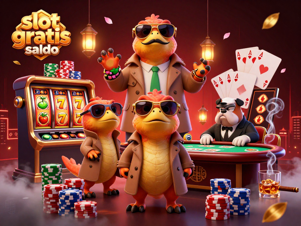Experience thrilling slot gratis saldo gameplay with playful raptors in a vibrant casino scene.
