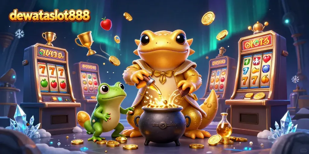 Memainkan slot online di dewataslot888 dengan alkemis dan pembantu, dikelilingi koin emas.