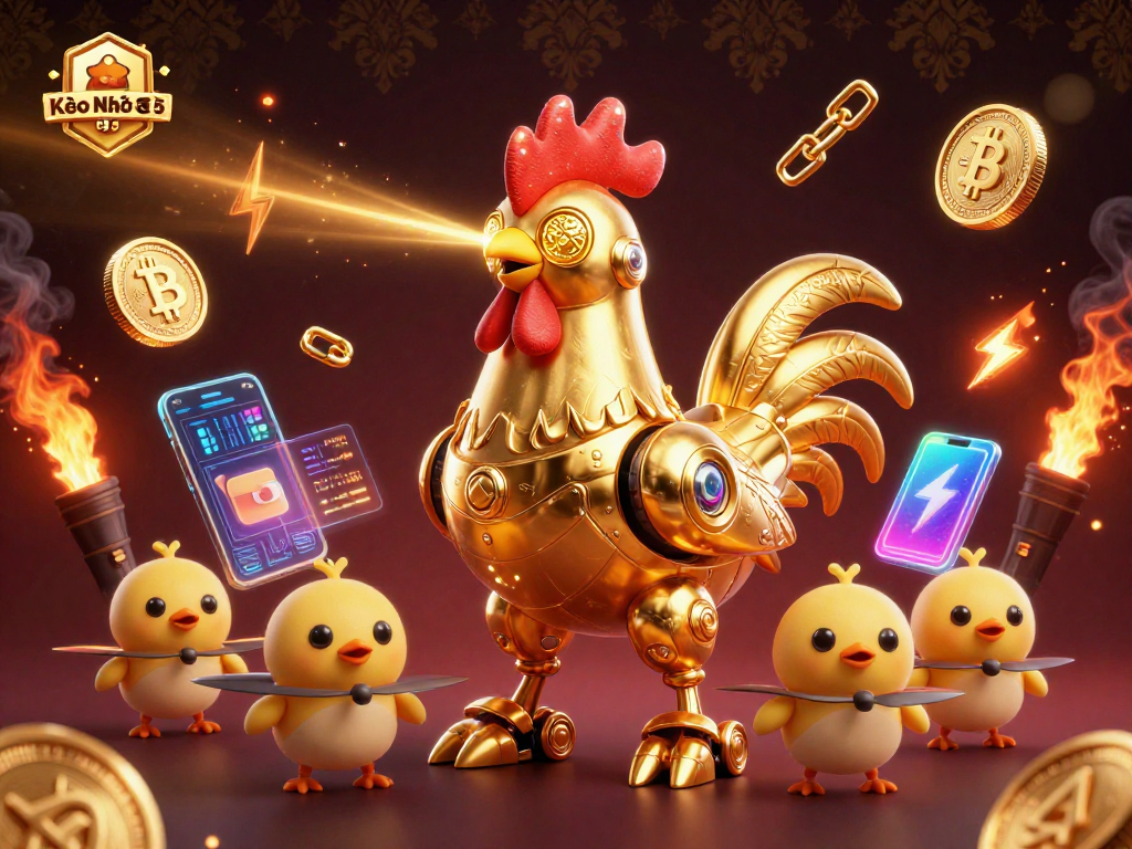 Engage in thrilling gaming action with Kèo Nhà Cái 5 featuring futuristic robot characters and cryptocurrency elements.