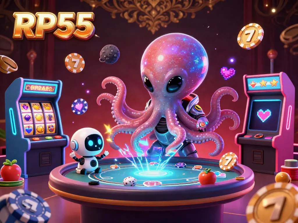 Engage with RP55's thrilling casino atmosphere featuring an alien octopus and holographic poker action.