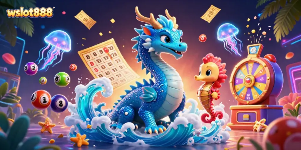 Visualisasi wslot888 dengan naga air 3D dan elemen permainan slot yang memukau.