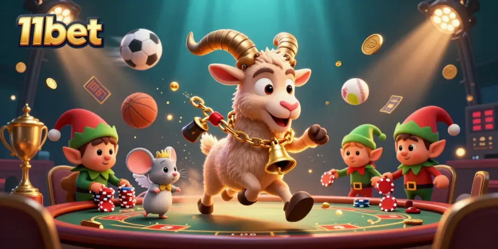 Experience the thrill of 11bet casino with festive characters in a dynamic gambling scene.